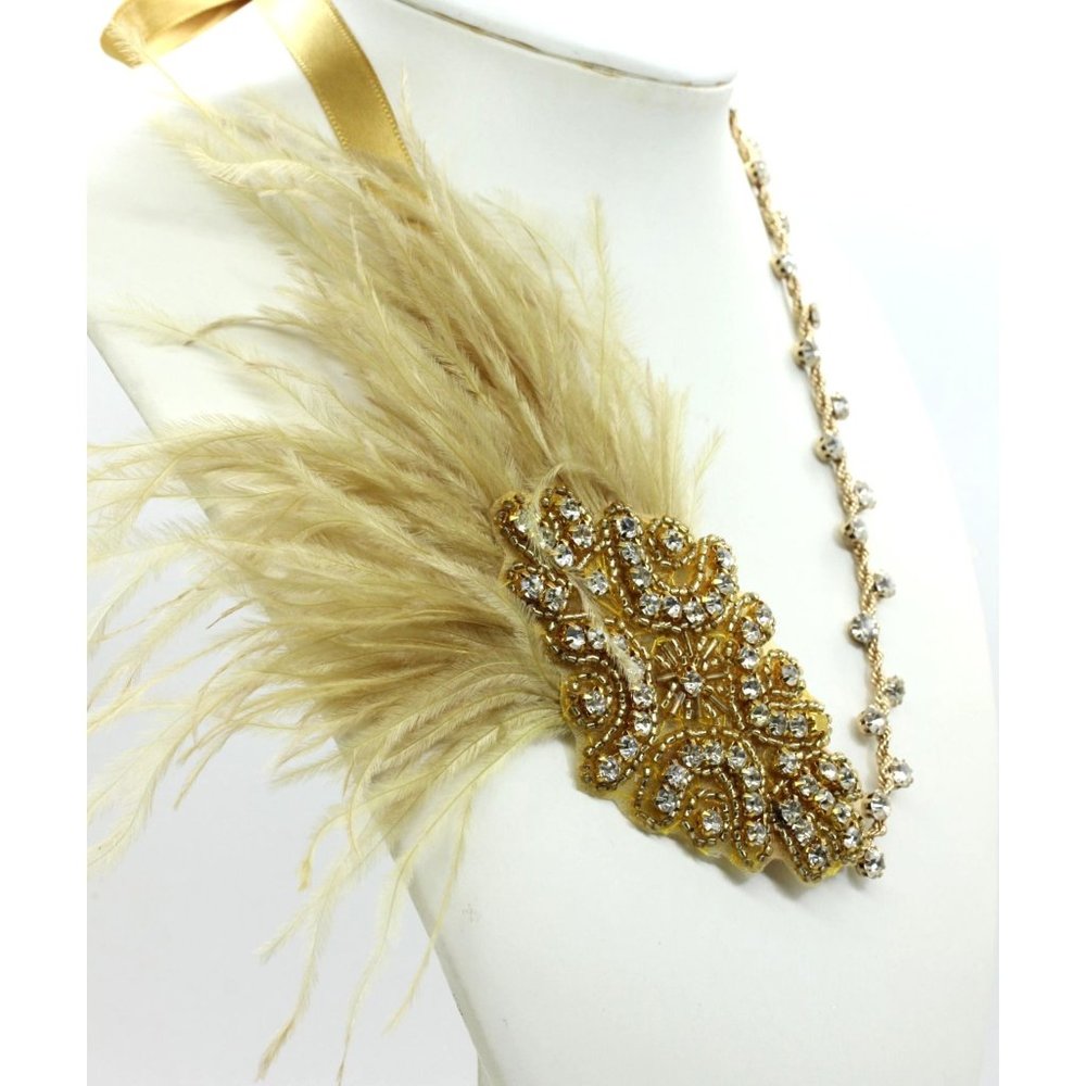 HANDMADE HAUTE COUTURE necklace rhinestones, feathers, ribbon, gold, excellent